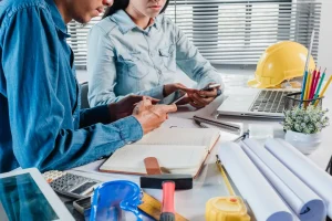 Arsitektur sedang berdiskusi dan bertukar informasi dengan menggunakan Smartphone